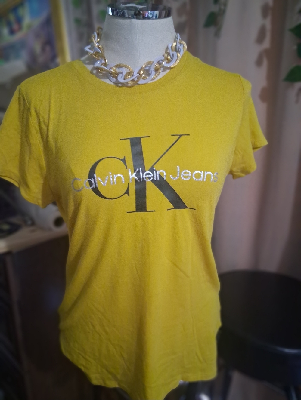 Nwt Calvin Klein Mustard Tee with Black CK Logo and Silver Text M